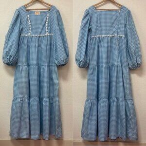Vintage 1960s Keone Sportswear Hawaii Blue Checkered Maxi Dress Sz Medium